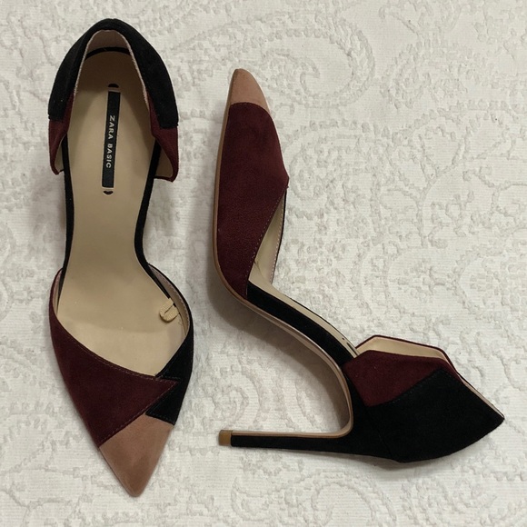 Zara Shoes - Zara Black and Burgundy Colorblock Heels Size 38/7.5M Pointed Toe 4” Inch Heels